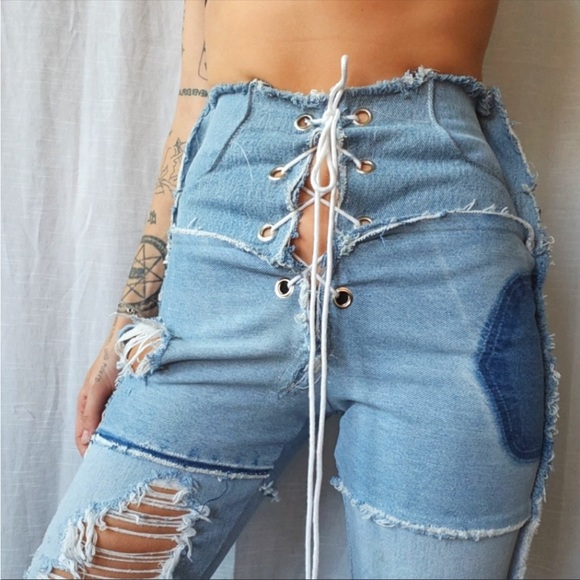 High/low Waisted Patchwork Jeans - Picture 2 of 6